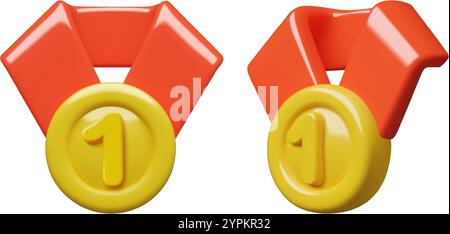 Gold medals first place 3d vector icons with a number one and a red ribbon  Stock Vector