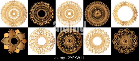 Set of gold zentangle mandalas, Mandala for henna, mehendi, tattoo, Decorative ethnic ornamental elements, Oriental patterns Stock Vector