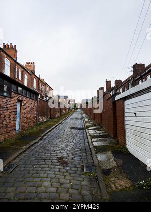 Narrow Cobblestone Alleyway Flanked by Red Brick Houses and Garages on a Cloudy Day in a Residential Neighborhood Stock Photo