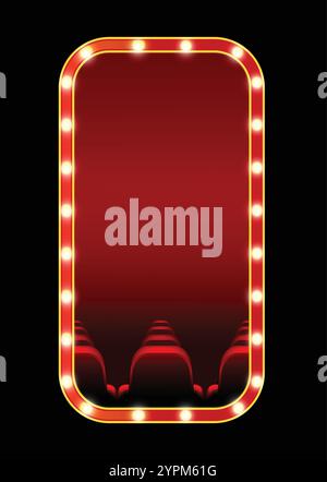 Red cinema blank sign with seats and lights border showing event announcement Stock Vector