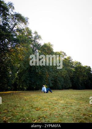Person relaxing on a grassy field with large green trees in a peaceful park on a sunny autumn day, vibrant natural outdoor scene Stock Photo