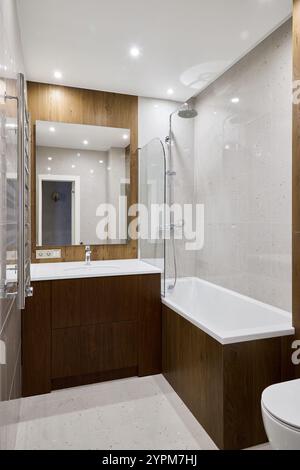 Explore the features of a Modern Bathroom Design, complete with both Shower and Bathtub options Stock Photo