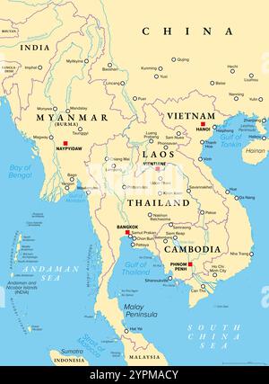 Mainland Southeast Asia, northern part of formerly known Indochina, political map. The countries Thailand, Vietnam, Myanmar, Laos, and Cambodia. Stock Photo