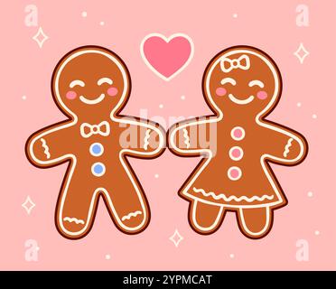 Cute cartoon gingerbread man and woman couple in love. Funny Christmas cookie vector illustration. Stock Vector