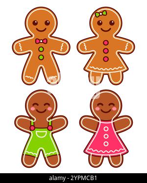Set of cute cartoon gingerbread man and woman cookies. Christmas vector illustration. Stock Vector