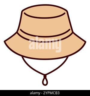 Sun hat line icon in cute cartoon hand drawn doodle style. Beige bucket hat for hiking, fishing, Vector clip art illustration. Stock Vector