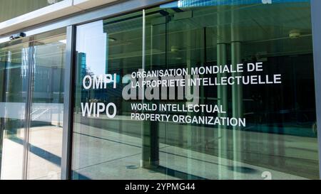 Sign at the entrance to the headquarters of the World Intellectual Property Organization (WIPO), one of the specialized agencies of the United Nations Stock Photo