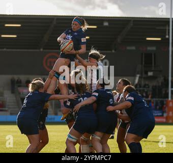 1st December 2024; Salford Community Stadium, Salford, Lancashire, England; Allianz Premiership Womens Rugby, Sale Sharks versus Leicester Tigers; Sale win the line out ball Stock Photo