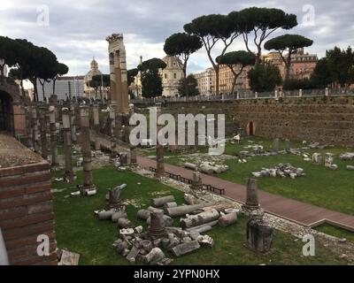 Remnants of ancient structures lie among lush greenery in Rome. Stock Photo