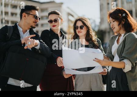Business people discussing project plans outdoors Stock Photo