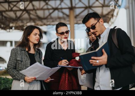 Multicultural business team analyzing statistics and discussing growth strategies Stock Photo