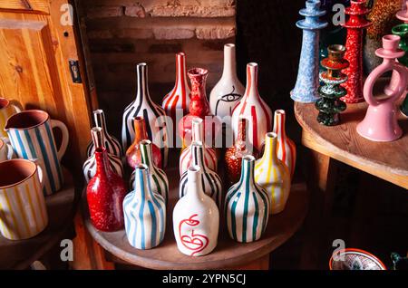 Colourful ceramic pots in Marrakesh market souk, Morocco Stock Photo