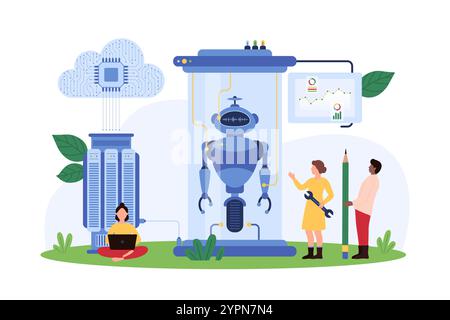 Automation of smart assistant creation, AI development, machine learning. Tiny people assembly, repair and control futuristic tech laboratory equipment with robot inside cartoon vector illustration Stock Vector