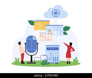 Machine learning, AI assistant training using cloud services. Tiny people work with software code and cloud storage, voice commands and settings for communication with bot cartoon vector illustration Stock Vector