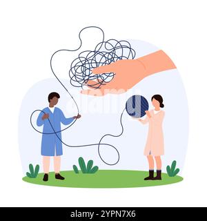 Two doctors untangle a complex yarn ball held by a giant hand, representing problem-solving in mental health. Background includes simple landscape elements and abstract shapes vector illustration Stock Vector