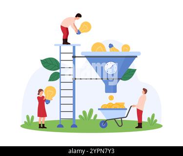 Business ideas to make money, creative project monetization. Tiny people monetize smart solutions, man on ladder throwing bright bulbs into big funnel to convert to coins cartoon vector illustration Stock Vector