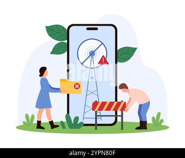 Technicians address mobile network issue, represented by a large phone displaying a signal error. Technician holds a folder, another sets up a barrier, emphasizing troubleshooting vector illustration Stock Vector