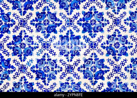Impressive tiles with blue and white floral shape, adorning the facades of the houses in Aveiro, Portugal Stock Photo