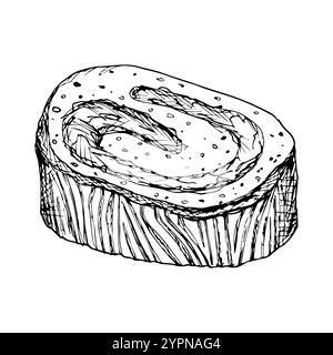 Black and white vector hand drawn illustration of a sweet roll with a twisted filling. Ideal for bakery design, recipe books, packaging, pastry shop Stock Vector
