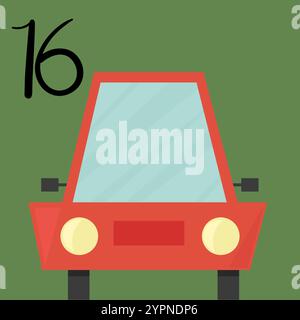 Christmas advent calendar with red car on green background. 16th of december day. Vector flat illustration Stock Vector