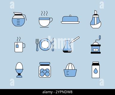 Breakfast and kitchen vector isolated icon set. Graph symbol for cooking web site and apps design, logo, app, UI Stock Vector