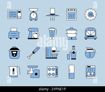 Kitchen appliances electronic electrical equipment tool vector isolated icon set. Graph symbol for cooking web site and apps design, logo, app, UI Stock Vector