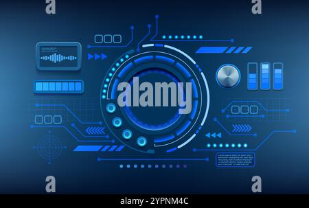 Abstract background. Cyber dashboard. Radar infographic. Blue circle graphics. Data round neon chart. Industry design panel. Science network. UI holog Stock Vector