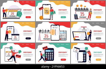 Payday landing page. Pay day at calendar. Worker waiting salary. Wage calculation. Money payment. Website design template. Finance earning. Paycheck p Stock Vector