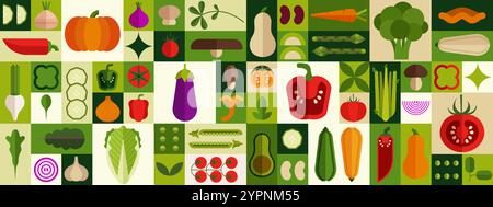 Food icon. Healthy farm pattern, fresh supermarket products like cucumber, salad and pumpkin. Simple green market Bauhaus style pattern. Cartoon geome Stock Vector