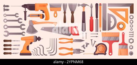 Repair tools. Screwdriver, hammer saw and spanner in building toolbox, wrench and helmet as house instruments, carpentry toolbox. Vector cartoon flat Stock Vector