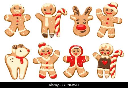 Gingerbread man. Reindeer, snowman biscuit face, sweet ginger xmas confectionery characters. Cute Santa Claus or winter deer. Baking food. Cookie for Stock Vector