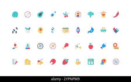 Healthy nutrition, gluten and sugar, GMO free and detox diet for health, weight control and calorie burning color icon set. Sleep and fitness, quality food planning flat elements vector illustration Stock Vector