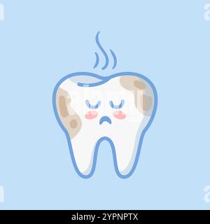 A cute, sad tooth character covered in a coffee coating, created in kawaii style. This flat design vector illustration is perfect for stickers, books, Stock Vector
