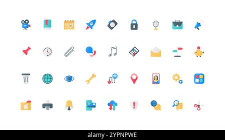 Mobile apps for modern lifestyle color icon set. Social media gallery and online credit card payment, music and camera, exchange and work with documents, microphone flat elements vector illustration Stock Vector