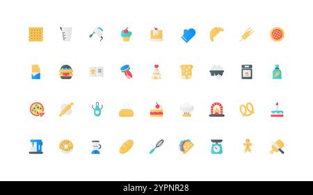 Sweet dessert of confectionery, bakery and pastry shop products color icon set. Baker and confectioner hat, wedding cake and cupcake, cookie, rolling pin and knife flat elements vector illustration Stock Vector