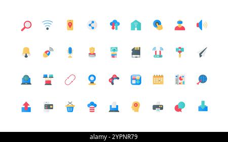 Online services for work and games, wireless multimedia gadgets and mobile app platform color icon set. Data management and transmission, synchronization with cloud flat elements vector illustration Stock Vector