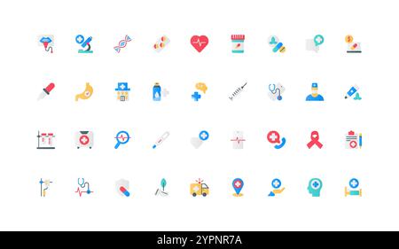 Pharmacy, pills and capsules of doctors prescription, medical services and hospital treatment color icon set. Tablets and vitamins for pharmaceutical help, stethoscope flat element vector illustration Stock Vector