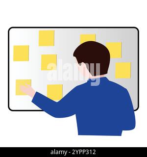 Man putting sticky notes on a board Stock Vector