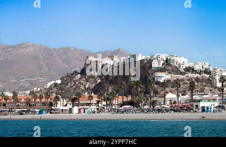 Spanish village of Salobrena, Costa Tropical on rock with beach below Stock Photo