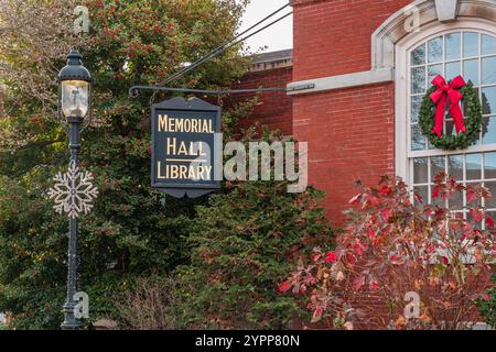 Andover, MA, US-November 27, 2024:  Andover's historic Memorial Hall Library on Main Street in downtown area. Stock Photo