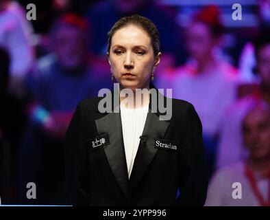 Snooker referee Tatiana Woollaston on day nine of the Victorian Plumbing UK Championship Snooker Championship at the York Barbican. Picture date: Sunday December 1, 2024. Stock Photo