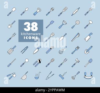 Kitchenware and kitchen appliances vector isolated icon set. Graph symbol for cooking web site and apps design, logo, app, UI Stock Vector