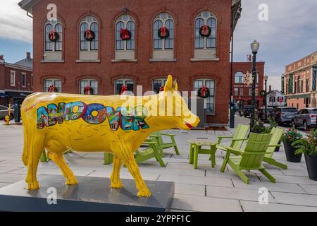 Andover, MA, US-November 27, 2024:  Andover's historic Old Town Hall building on Main Street with public art. Stock Photo