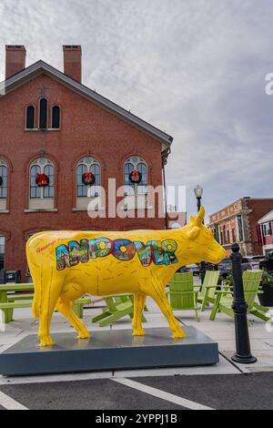 Andover, MA, US-November 27, 2024:  Andover's historic Old Town Hall building on Main Street with public art. Stock Photo