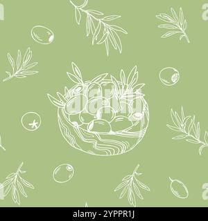 Seamless Pattern with Branches and Olive Fruits in Wooden Bowl on a green background. Graphic art. Hand drawn Vector illustration. Can be used for Stock Vector