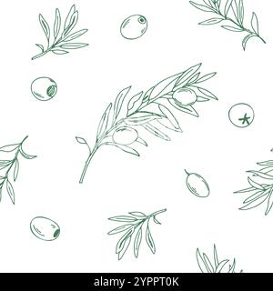 Graphic Seamless Pattern with green Branches of Olives on a white background. Hand drawn Vector illustration. Can be used for textile, wallpaper Stock Vector