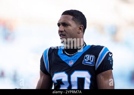 Charlotte, NC, USA. 1st Dec, 2024. Carolina Panthers running back Chuba Hubbard (30) before the NFL matchup in Charlotte, NC. (Scott Kinser/CSM). Credit: csm/Alamy Live News Stock Photo