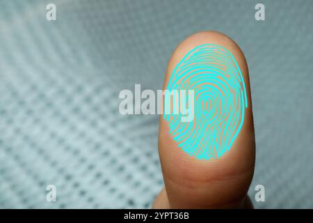 Woman pressing finger to surface showing friction ridges pattern, closeup. Scanning fingerprint Stock Photo