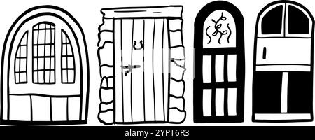 Door Hand-Drawn Set | Minimalist Doodle Vector for Architectural and Decorative Designs Stock Vector