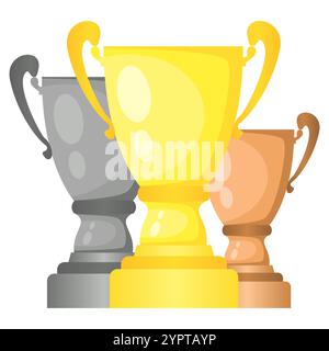 Set of vector trophy champion cups in gold, silver and bronze. Championship prizes for first, second and third place. Victory symbols isolated on whit Stock Vector